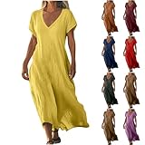 Vestidos Verano Mujer,Vestido Playero de algodón y Lino de Manga Corta, Informal, Holgado, Largo hasta los Tobillos, con Escote en V, para Verano Vestidos (Yellow, L)