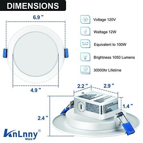 Knlnny Ware 5/6 Inch Recessed Lighting 6 Pack ,Ultra Thin Led Recessed Lighting Ceiling Lights Slim, 2700K Soft White, 12W Equivalent 75W, 1050 Lm Damp Rated, Dimmable Canless Integrated Junction Box #TOP2