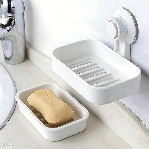 Soap Dish for Bathroom - Suction Soap Holder with Drainage for Shower, Plastic Bar Soap Box Case Tray Saver, Draining Soap Dishes for Home Kitchen Toilet Product, No Drill & Glue, Removable, White