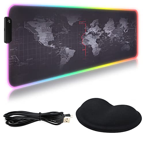 VEGCOO Ergonomic Mouse Pad with Gel Wrist Support, 12.76 x 4.06 x 4.02 in Comfortable Waterproof Mousepad with Anti-Slip Base, Gaming Mouse Mat with RGB LED Light for Office Desktop Mat (Map)