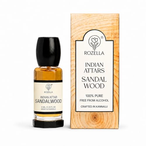 Image of ROZELLA Sandal Wood Authentic Attar for Men and Women | Creamy Woody Aroma Perfume Oil | Traditional Fragrance Blend | Non Alcoholic Long Lasting Fragrance Attar | 6 ml