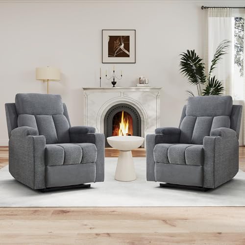 Simore Manueller Relaxsessel mit Liegefunktion und Getränkehalter, Fernsehsessel mit Fußstütze und weicher Kopfstütze, bis 150 kg Belastbar, TV-Sessel für Wohnzimmer, Grau, 2 Stück