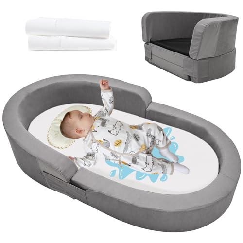 Image of DoCred Foldable Toddler Travel Bed, 2-in-1 Floor Bed Sofa Chair, Portable Folding Floor Cot for Travel, Washable Sleeper Cot + Washable Fitted Sheet, Grey