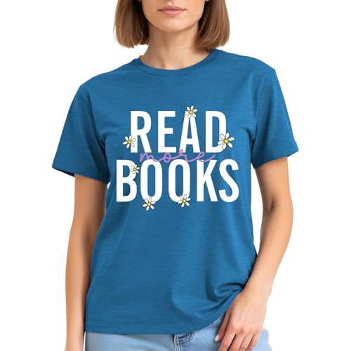 Image of Reading Teacher Shirt Women-Cute Read More Books Short Sleeve Library Book Lovers Daisy Tee Tops
