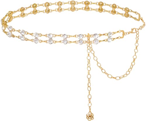 Women's Double Row Crystal Belt Chain - Adjustable Metal Rhinestone Waist Chain with Loose Dresses