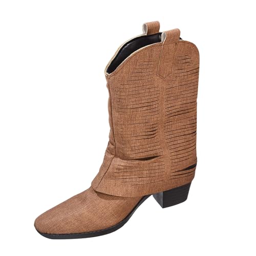 Bottes mi-mollet en daim marron pour femme avec talon épais de 6.5 cm et bout pointu
