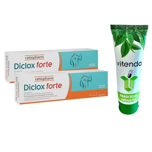 Diclox forte ratiopharm Schmerzgel 2x150g inclusive einer Handcreme von vitenda - Das stärkere Gel bei Gelenk- und Rückenschmerzen