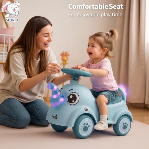 Image of Storio Elephant Baby Ride-On Car Toy with Light and Music - Navy Blue | Push Car for Kids with Backrest & Steering, 1-3 Years