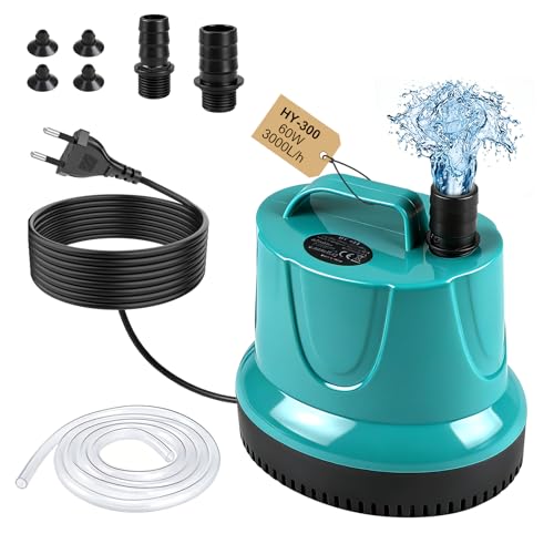 EXLECO Pompe Aquarium Immergée 60W 3000L/H, Mini Pompe a Eau Vide Cave, pour Eaux Chargées, Bassin Exterieur, Piscine, Relevage – Vert