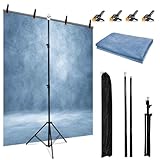 6.5 x 5ft T-Shaped Backdrop Stand with Abstract Light Blue 6.5 x 5ft Professional Photography Backdrop,Adjustable Backdrop Stand Kit with 4 Spring Clamps,Portable Handbag (2 in 1)