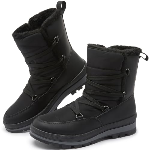 Rominz Botas de nieve de invierno para mujer, color blanco y negro, con forro de piel, botas cálidas para mujer, botas antideslizantes para exteriores, Negro -, 43 EU