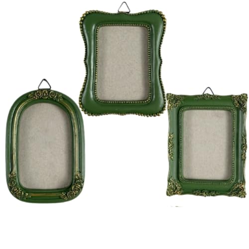 Image of Vintage Decorative Mini Picture Frames Set, Black with Gold Accents, 3 Pack Antique Style Resin Photo Frames for Wall Display, DIY Jewelry, Photography (Green)