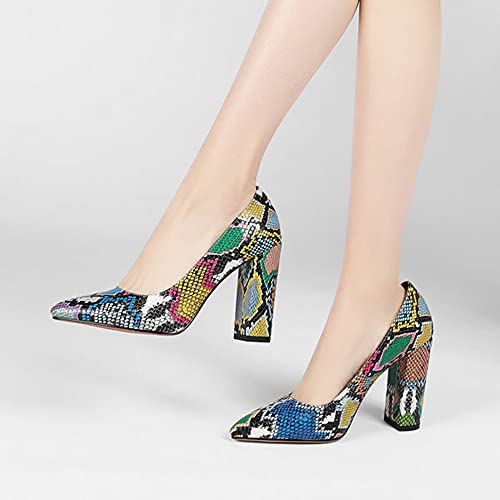 Lehoor Women Chunky High Heel Pumps Pointed Toe Snakeskin Print Patent Closed Toe Sandals 4 Inch Block Heel Slip On Dress Pumps Shoes Sexy Comfort Office Evening Party Work Colorful Snakeskin 9.5 M Us #TOP3