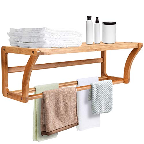 Tangkula Wall Mount Bathroom Shelf with Towel Bars, Bamboo Storage Towel Shelf, for Bath & Household Items, for Bathroom Home Toilet, 23.5”L X 10”W X 8”H, Natural Bamboo