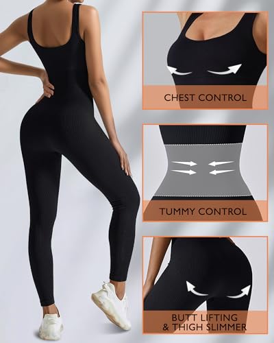 Auruza Jumpsuit For Women Workout Seamless Jumpsuit Yoga Ribbed One Piece Tank Tops Rompers Sleeveless Exercise Tummy Control Jumpsuits Square Neck Leggings Romper,Black,M thumb #3
