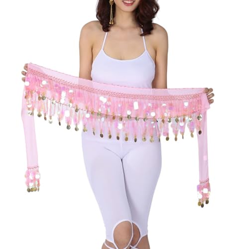 Bascabeen Belly Dance Hip Scarfs, flickor/kvinnors kjolar wrap med paljetter och mynt, chiffong dinglande magdans midja kostym bälte höft halsduk, Rosa2, en storlek