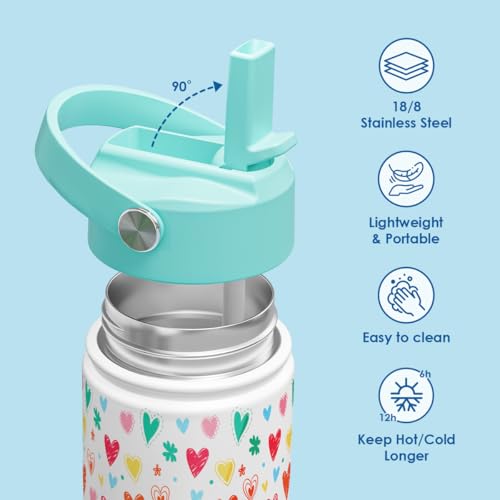 Image of SANDJEST Kid Water Bottle 12oz with Straw Lid - 2-Pack Insulated Stainless Steel Water Bottles for Kids Girls - Travel Cup for Back to School Sports Christmas Birthday (Ballerina & Heart)