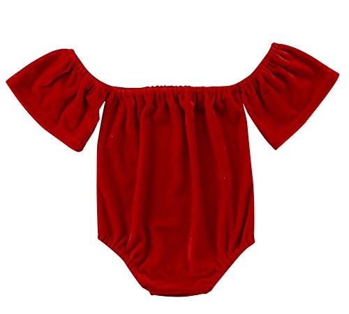 Infant Baby Girls Off-Shoulder Solid Color Velvet Ruffle Bodysuit Jumpsuit One-Piece Romper (9-12M, Red)
