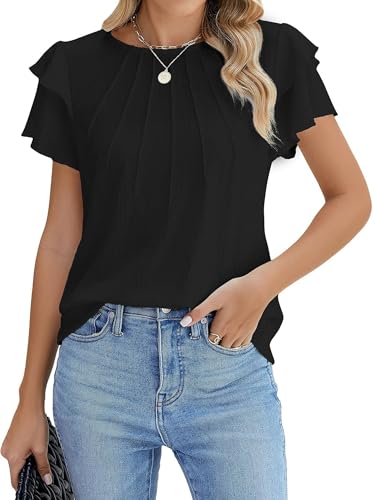 YILEEGOO Womens Ruffle Sleeve Blouse Tops Cute Crew Neck Pleated T Shirts Loose Fit Casual Dressy BlouseTunic Shirt (Black, XL)