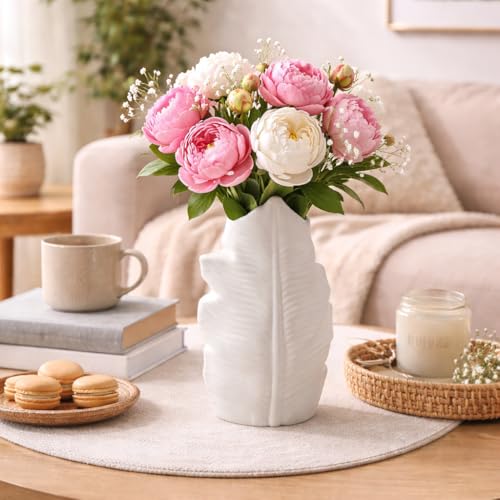 Image of Plastic White Ceramic-Look Leaf Design Vase for Flowers, Modern Textured Decorative Table Vase for Living Room, Bedroom, Office, Dining Table, Lightweight & Unbreakable Flower Pot (Leaf Shape)