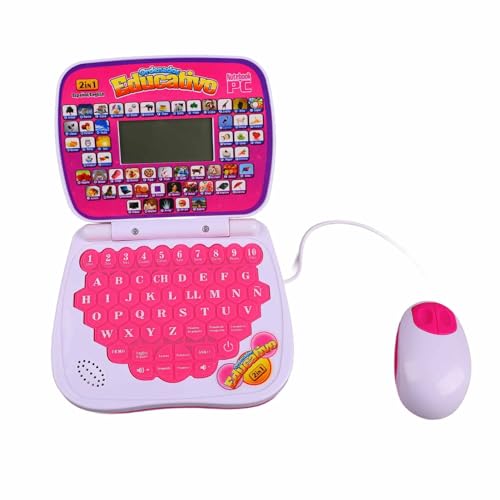 POENVFPO Kids Bilingual Learning Laptop, English Spanish Music Function, Rereading, Keyboard, ABS Material, for Children (Roseate)