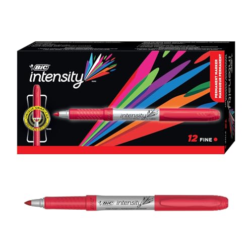BIC Intensity Red Permanent Markers, Fine Point, 12-Count Pack of Red Markers With Non-Slip Grip for Comfort and Control