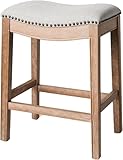 Maven Lane Adrien Backless Counter Stool – 26 Inches – Saddle Stool with Footrest – Brown Solid Wood Frame & Natural Fabric Upholstery – Perfect for Kitchen Islands & Counters