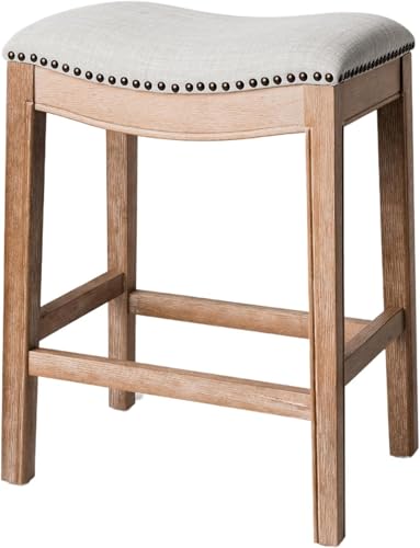 Image of Maven Lane Adrien Backless Counter Stool - 26 Inches - Saddle Stool with Footrest - Brown Solid Wood Frame & Natural Fabric Upholstery - Perfect for Kitchen Islands & Counters