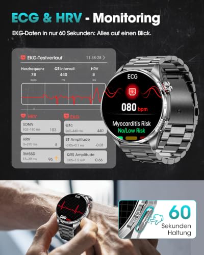 FOSMET Smartwatch Herren, ECG/HRV/BMI/MET & Mikro-Gesundheitscheck, Schwarz â Bild 2