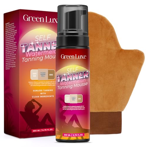Self Tanner Mousse Mitt Kit – Sunless Tanning Foam with Hyaluronic Acid for Hydrating - Flawless & Streak-Free Watermelon Scent Fake Tan Mousse, Medium Glow 6.76 fl. oz