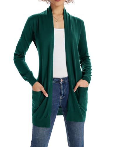GRACE KARIN Damen Strickmantel Lang Sweater Langarm High Stretchy Casual Offene Strickjacke mit Taschen L Dunkelgrün