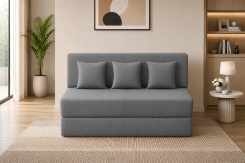 Image of Los Angeles Foldable Three Seater Sofa Cum Bed, Sofa Bed 5X6 Feet Jute Fabric Washable Cover- Including 3 Cushion Perfect for Living Room & Office - Grey Color