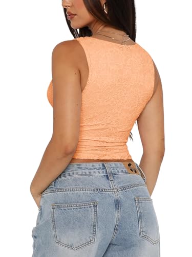 REORIA Womens Summer Tops Sexy V-Neck Sleeveless Double Lined Fashion Going Out Y2K Tank Tops Trendy Lace Slimming Crop Tops for Teen Girls Peach Fuzz Medium - Image 2