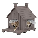GULAIMOAO Outdoor Cat House Weatherproof, Durable Resin Cat Houses for Outdoor Indoor Cats, Outdoor Cat Enclosure Shelter with Elevated Base, Anti-Slip Pad, Ventilation, Grey