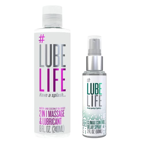 #LubeLife Slow and Slippery Set, 2-in-1 Massage & Lubricant 8 Fl Oz, Climax Control Delay Spray 2 Fl Oz, Water & Coconut Oil Based Lube, Stamina-Enhancing, for Men and Couples, Condom Compatible