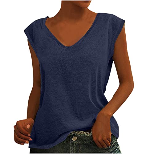 Top Damen Sommer Ärmellos Tops V-Ausschnitt Tank Top Vintage Einfarben Tanktop Loose fit Trägertop Sommermode Trägershirt Blusentop T Shirt Basic Cami Tops Tanktops Frauen Sommertops, azul oscuro, S