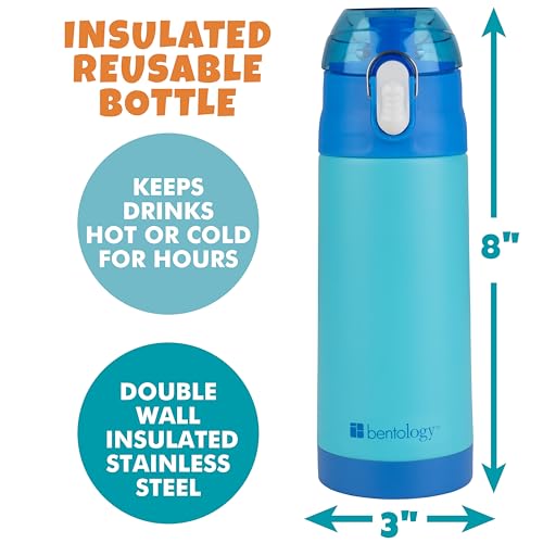 Image of Bentology Stainless Steel 13 Oz Reusable Water Bottle for Kids, Blue | Double Wall Insulated, Spill Proof Lid W /Built-in Straw- Keep Liquids Hot or Cold- Easily Fits in Lunch Boxes & Bags