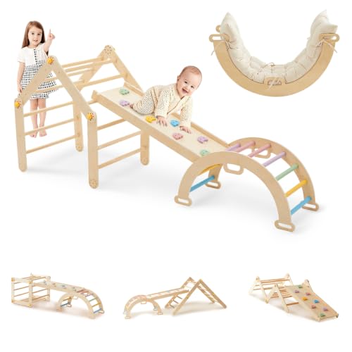 Produktfoto von DENMOSTY 7-in-1 Montessori Klettergerüst Indoor ab 1 Jahr - Kletterdreieck mit Rutsche, Kletterbogen mit Kissen, Pikler&hellip;