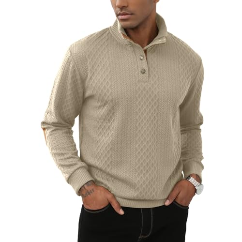 Lexiart Mens Casual Knitted Pullover Sweater Long Sleeve Stand Collar Vintage Button Sweaters with Elbow Patches2