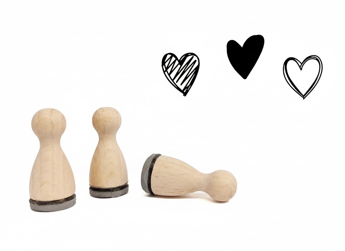 Ministempelset Herzen gezeichnet | 3 Stempel mit 12mm Durchmesser | Holzstempel Valentinstag/Hochzeit