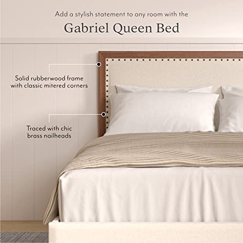 Dg Casa Gabriel Queen Upholstered Platform Bed Frame, Chic Nailhead Boarder, Walnut Color Finish, Solid Rubberwood, Timeless Design, Wooden Slat Support System, Mitered Corners, Cream #TOP3