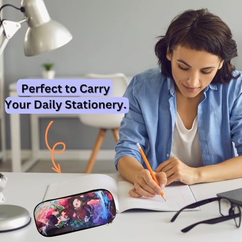 Image of Funfob Polyester Demon Slayer Pencil Box For School College For Pen Pencil Or Other Stationery Products Pencil Pouch Travel Or Cosmetic Case (Demon Bro Sis Blue)