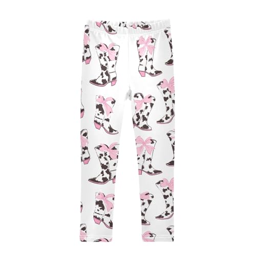 Wusikd Cow Print Cowboy Boots Girls' Leggings Toddler Doodles Pink Bows Kids Yoga Pants Dance Active Tights 4T