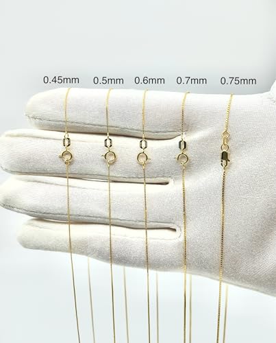 JEWELHEART 14K Solid Gold Box Chain - Dainty 0.45mm 0.5mm 0.6mm 0.7mm 0.75mm Thin Gold Chain Necklace For Women - Mirror Square Link Yellow and White Real Gold Chain For Men 16" 18" 20" 22" 24"3