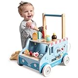 labebe Baby Push Walker, Wooden Activity Walker for Boys Girls 12M+, Push Walker Toy for Kids Learning to Walk, Adjustable Speed Learning Walking with Wheels, Birthday Gift for Babies Ages 1-3 (Blue)