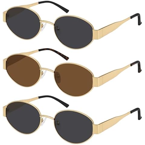 WOWSUN Trendy Oval Sunglasses for Women 2024 Retro Classic Shades UV400 Protection 3pack-Gold Gray+Gold Gray+Gold Brown Cover