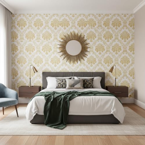 Image of White Golden Luxury Floral Damask Pattern Wallpaper 45x300cm | Self-Adhesive Wall Sticker | Decorative Vinyl Paper for Living Room, Sofa Background & Hallway Decor