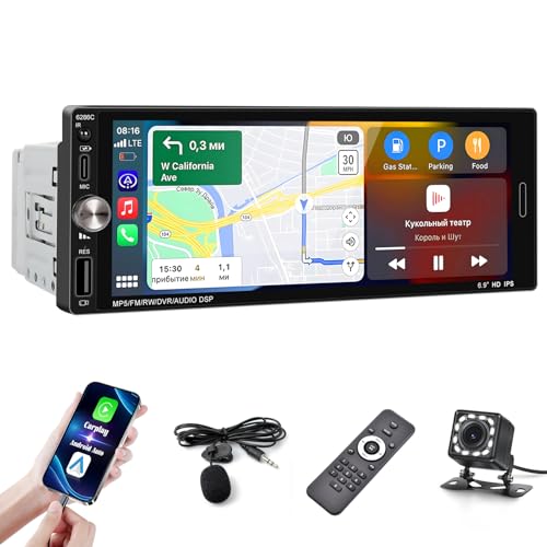 Inefala Radio Pantalla 1 DIN con Carplay y Android Auto, Pantalla Táctil de 6,9 Pulgadas con Bluetooth, Mirror Link, FM/RDS USB Type-C EQ, Cámara de Visión Trasera