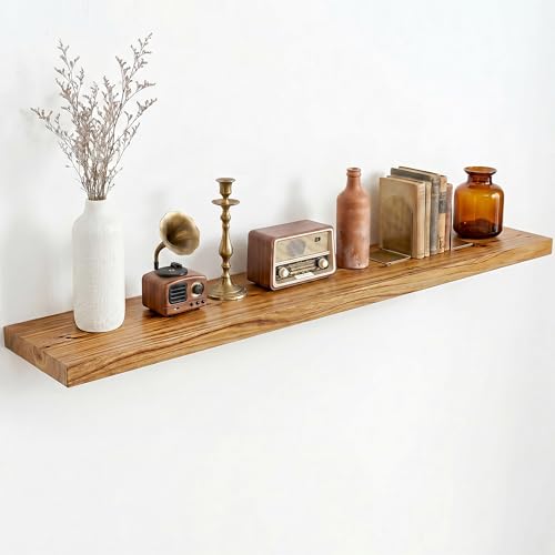 Image of Dreamland Rustic Elm Wood Floating Shelves for Wall Decor, 48 Inch Long Wooden Floating Shelves Wall Mounted, 8 Inch Deep Wall Shelf for Bathroom, Living Room, Kitchen, Bathroom, Natural