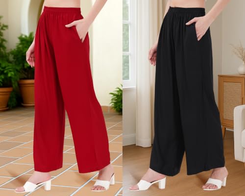 Image of Buy That Trendz Palazzo Pants for Women Rayon Elasticated Regular Fit Flared Wide Leg M to 6XL Pack of 2